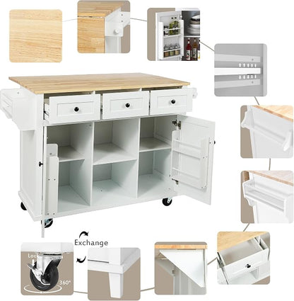 Large Kitchen Island with Rubber Wood Drop Leaf, Rolling Kitchen Cart with Ample Storage on Wheels with Doors and Drawers for Dining Room (Modern White, White Handle, 53Inch)