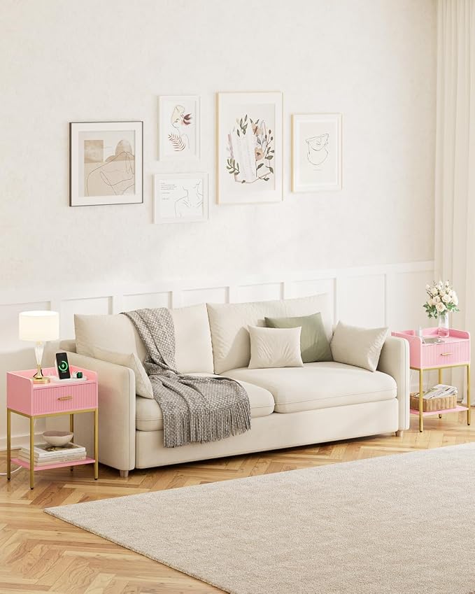 Nightstand with Charging Station, 3-Tier Bed Side Table, Small End Table, Night Stand with Open Shelf and Drawer, Bedside Table for Bedroom, Living Room, Pink