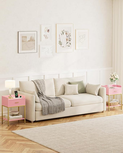 Nightstand with Charging Station, 3-Tier Bed Side Table, Small End Table, Night Stand with Open Shelf and Drawer, Bedside Table for Bedroom, Living Room, Pink