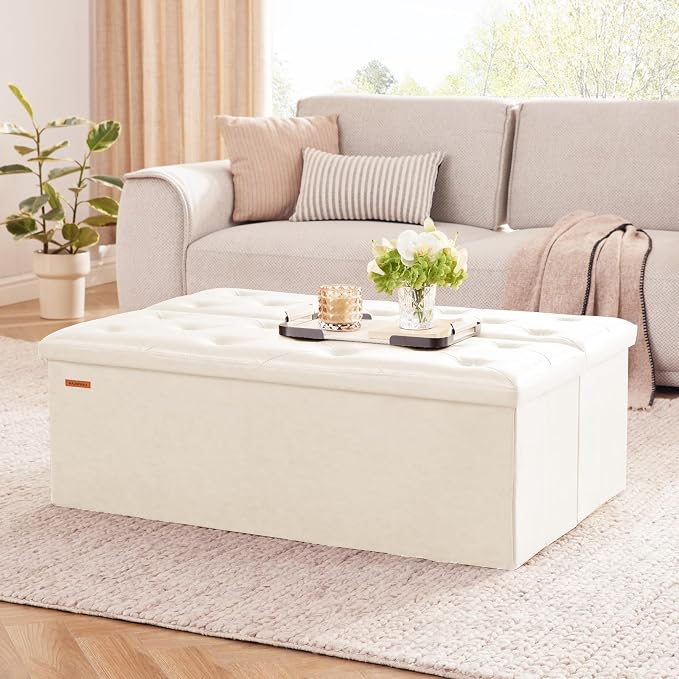 HAUSFRAU Storage Ottoman Bench with Flipping Lid, 43.3 Inches Storage Chest Footsrest, Folding Foot Stool for Entryway, Living Room, Bedroom, Synthetic Leather Ivory