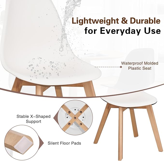 VECELO Dining Chairs Set of 4, Mid-Century Modern Kitchen & Dining Room Chairs, Molded Plastic Seat & Back, Solid Wood Legs, Armless, Non-Slip Feet, White