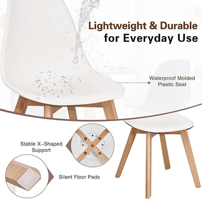 VECELO Dining Chairs Set of 4, Mid-Century Modern Kitchen & Dining Room Chairs, Molded Plastic Seat & Back, Solid Wood Legs, Armless, Non-Slip Feet, White