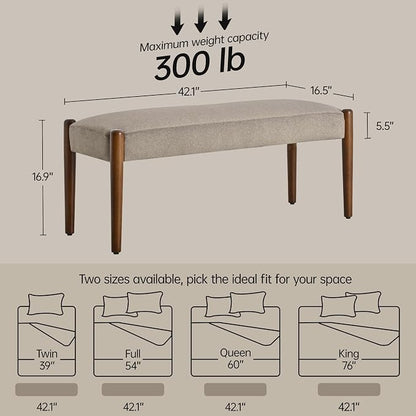 Usaint 42" End of Bed Bench, Modern Upholstered Bedroom Bench with Rubberwood Legs, Entryway Bench with Cushion, Dining Bench for Living Room, Bedroom, Brown with Walnut Leg