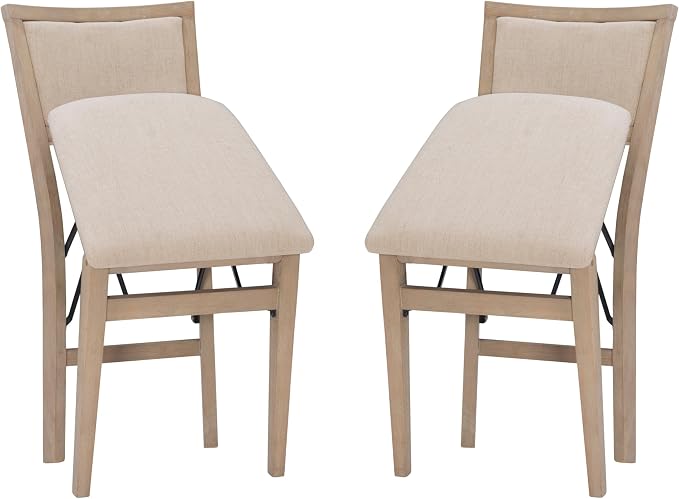 Linon Keira Natural Rustic Wooden Folding Chair with Beige Upholstered Seat and Back Set of 2
