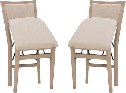 Linon Keira Natural Rustic Wooden Folding Chair with Beige Upholstered Seat and Back Set of 2