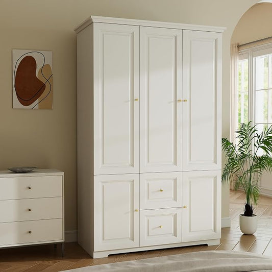 Armoire Wardrobe Closet with Drawers: 74" White Wardrobe Closet with 3 Doors, Tall Bedroom Armoires for Clothes, Wood Closets Cabinet for Hanging Clothes (47")