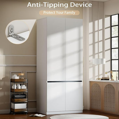 White Armoire Wardrobe Closet: 75" Large Wardrobe Closet with 4 Doors, Modern Bedroom Armoires with Storage Cabinet, Tall Wood Closets for Bedroom