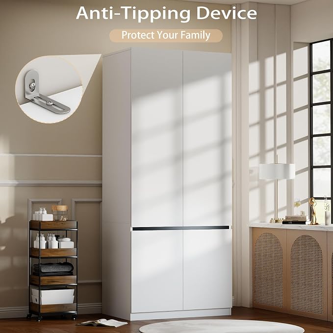 White Armoire Wardrobe Closet: 75" Large Wardrobe Closet with 6 Doors, Modern Bedroom Armoires with Storage Cabinet, Tall Wood Closets for Hanging Clothes
