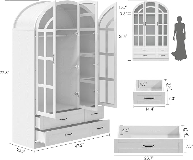 Squireewo 78" Arched Armoire Wardrobe Closet with Motion Sensor LED Light, 3 Windowpane Glass Doors & 4 Drawers, Large Wood Bedroom Storage Cabinet, Clothing Organizer with Hanging Rod, White
