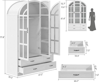 Squireewo 78" Arched Armoire Wardrobe Closet with Motion Sensor LED Light, 3 Windowpane Glass Doors & 4 Drawers, Large Wood Bedroom Storage Cabinet, Clothing Organizer with Hanging Rod, White