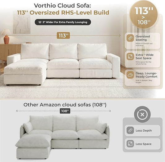 Cloud Couch Sectional 113.2'' Oversized Modular Deep Seat Sofa L Shaped Comfy White Cloud Couch with Washable Cover for Living Room 3 Seater with 1 Ottoman