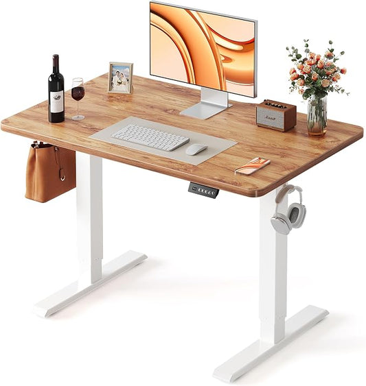 FEZIBO 40 x 24 Inchs Electric Standing Desk, Height Adjustable, Sit Stand Up, Computer Office Desk with Splice Board, White Frame/Light Rustic Top
