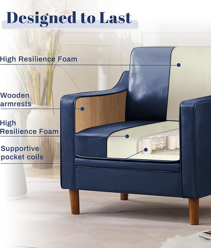 Kingfun Accent Chair, Living Room Chairs, Faux Leather Reading Armchair, Mid Century with Solid Wood Foot, Upholstered Modern Decor for Bedroom, Apartment