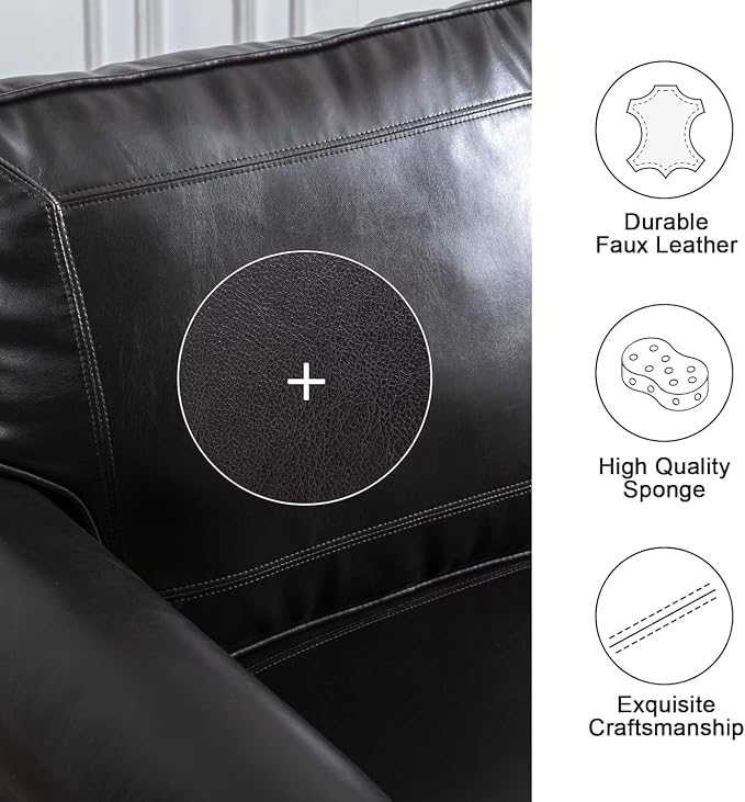 Kingfun Loveseat 2 Seater Couch with Chair, Mid Century Modern Faux Leather Sofa Set with Rolled Arms and Deep Seats, Fluffy Comfort for Living Room, Apartment, Easy Assembly,Black