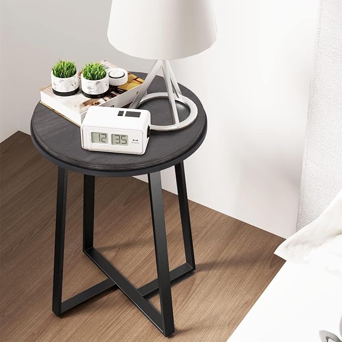 Dorriss Round End Table, Small Side Table Grey Color MDF Top, Metal Frame Black, Tall End Side Table for Bed Room, Coffee Tea End Table for Living Room(Round Grey)