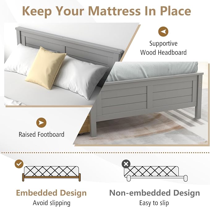 KOMFOTT Twin Size Wood Bed Frame with 2 Storage Drawers, Mid Century Platform Bed Frame with Headboard, Sturdy Wooden Slats Support, Modern Mattress Foundation, No Box Spring Required, Easy Assembly