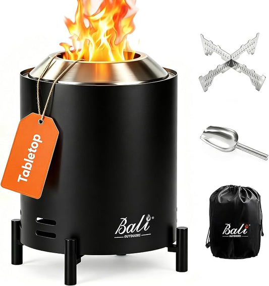 BALI OUTDOORS 6.5 inch Tabletop Fire Pit Round, Stainless Steel Table Top Firepit Small, Outdoor Smokeless Firepit Portable, Black