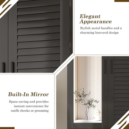 jiteentarou 2 Door Armoire Wardrobe Closet Cabinet with Drawers and LED Lights, Multi-Tier Shelves, Hanging Rod & 2 Louver Doors, Large Capacity Storage Wardrobe Armoire for Bedroom(2 Doors Black)