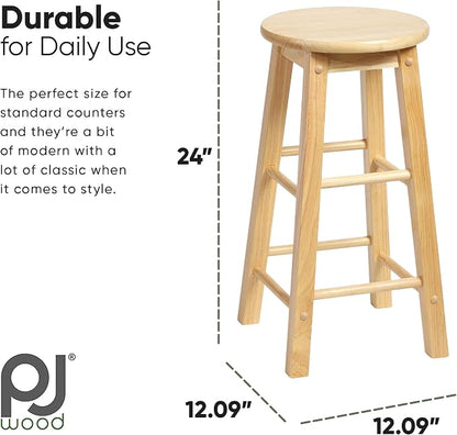 PJ Wood Classic 24 Inch Tall Round Kitchen Counter Stool Seats with Backless Design and 4 Square Legs, Natural Brown (2 Pack)