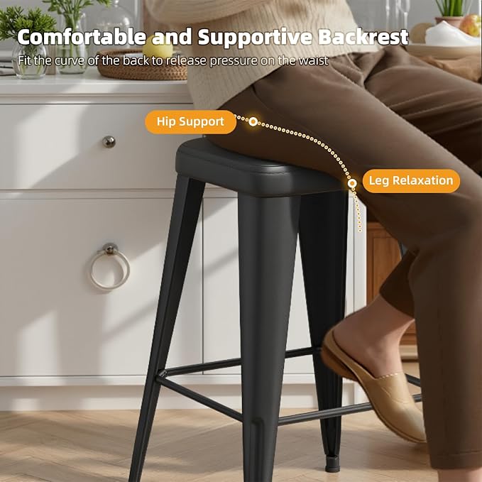 Bar Stools Set of 2, 24" Counter Height Bar Stools Backless, Upholstered Bar Stools with Metal Legs for Kitchen Island, Study Room, Cafe, Black