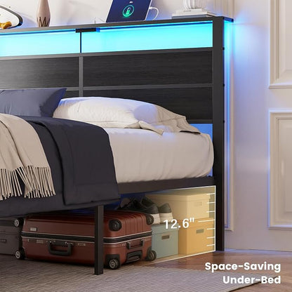 Queen Size Bed Frame with LED Lights, USB Type C Charging Headboard, Black Metal Platform Bed with Storage Shelf, Noise Free Design, No Box Spring Needed