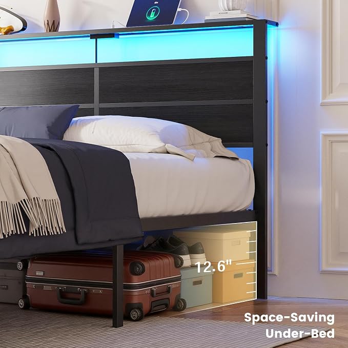 Full Size Metal Bed Frame with Storage Headboard, LED Lights and USB Charging Ports, Noise Free Platform Bed with Sturdy Slats, No Box Spring Needed, Easy Assembly