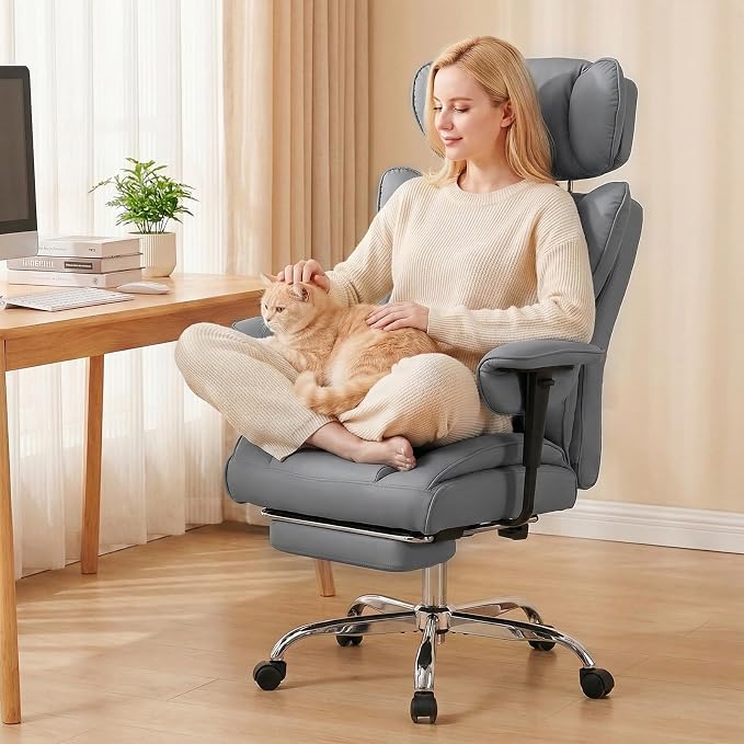 DUMOS Big and Tall Home Office Desk Chair, Ergonomic Executive Chair with Footrest, Computer Gaming Chairs with High Back Reclining, Adjustable Armrests and Comfy Lumbar Support, PU Leather, Grey