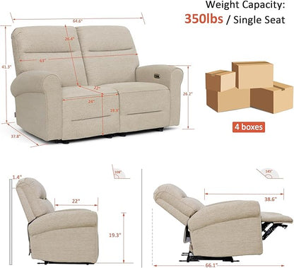MCombo 64.6" Wall Hugger Power Loveseat Recliner Sofa with USB Ports, Reclining Loveseat for Small Spaces Living Room RV, Fabric PR635M1 (Beige)