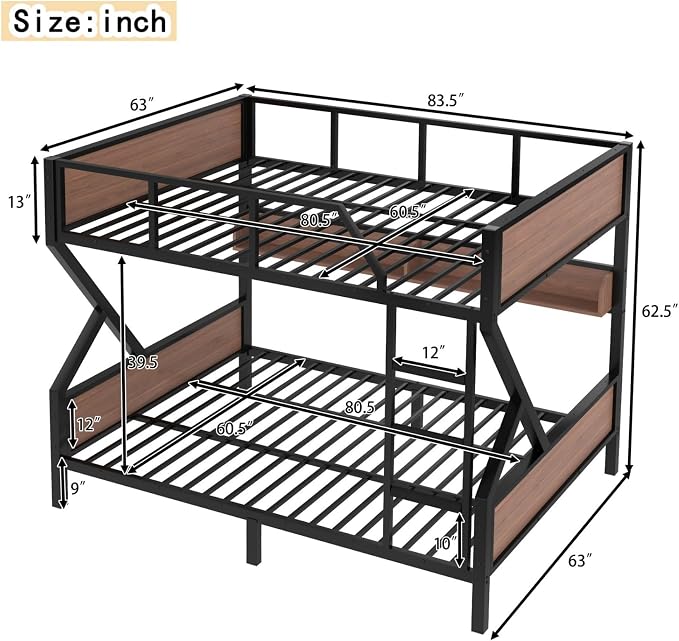 KEIKI Queen Over Queen Bunk Bed, Heavy Duty Metal Bunkbed with Storage Shelves, Lights, Bottom Space & Guardrail for Aldults Dorm Bedroom Guest Room, No Box Spring Needed, Noise-Free Design