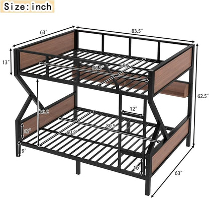 KEIKI Queen Over Queen Bunk Bed, Heavy Duty Metal Bunkbed with Storage Shelves, Lights, Bottom Space & Guardrail for Aldults Dorm Bedroom Guest Room, No Box Spring Needed, Noise-Free Design