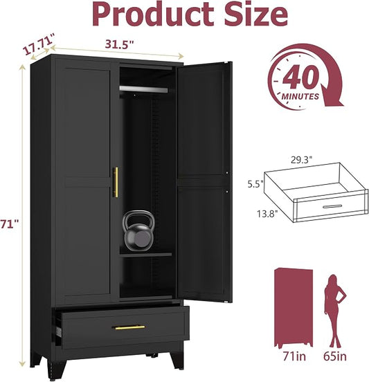 GAIOUS Metal Armoire Wardrobe Closet Cabinet with 2 Doors and Drawer, 71" | Household Wardrobe Cabinet with Hanging Rod, Clothing Storage Cabinet with Adjustable Shelf for Bedroom Cloak Room Gym Black
