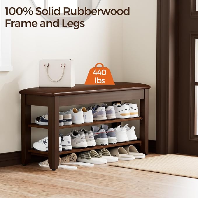 Homleke 2-Tier Solid Wood Shoe Rack Bench with Flip-Top Storage | Entryway Bench with Cushion, Adjustable Shelf, Holds Up to 8 Pairs, for Hallway, Bedroom and Closet, Walnut, 31.5 Inch