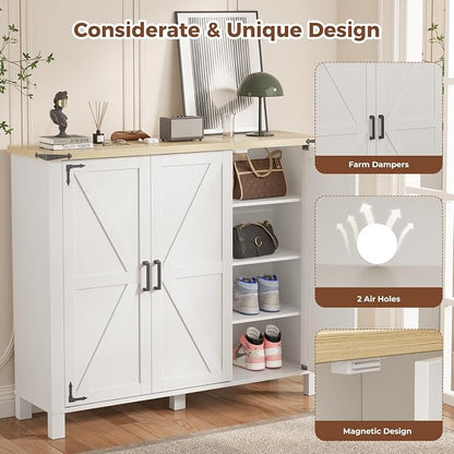 5-Tier Shoe Storage Cabinet, Farmhouse Shoe Rack Organizer Cabinet with 4 Adjustable Shelves & Side Cabinets, Freestanding Shoe Cabinet Storage with Anti-tip Fitting for Entryway, 47.3L×13.7W×40.7H