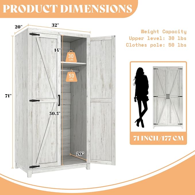 LUXOAK 70" Large Armoire Wardrobe Closet with Hanging Rod, Farmhouse Clothing Storage Cabinet with 2 Barn Doors, Wooden Tall Bedroom Armoires with Shelf, Distressed White