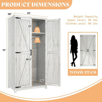 AMERLIFE Farmhouse Armoire Wardrobe Closet with 2 Barn Doors, 71'' Storage Cabinet with Hanging Rod & Shelf, Versatile Clothing Storage for Bedroom, White