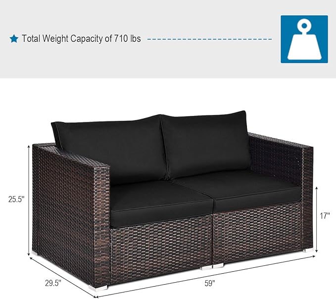 Tangkula 2 Seat Outdoor Wicker Loveseat Sofa Set, Modular PE Rattan 2 Pieces Outdoor Wicker Corner Sofa, Outside Furniture Set for Deck, Backyard, Porch, Garden & Poolside, Black