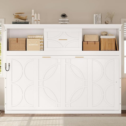 Merax Farmhouse Wood Murphy Bed Chest with Charging Station & Drawer | Storage Wall Bed with Wood Slat Support /No Box Spring Needed, Space Saving, Twin ,White
