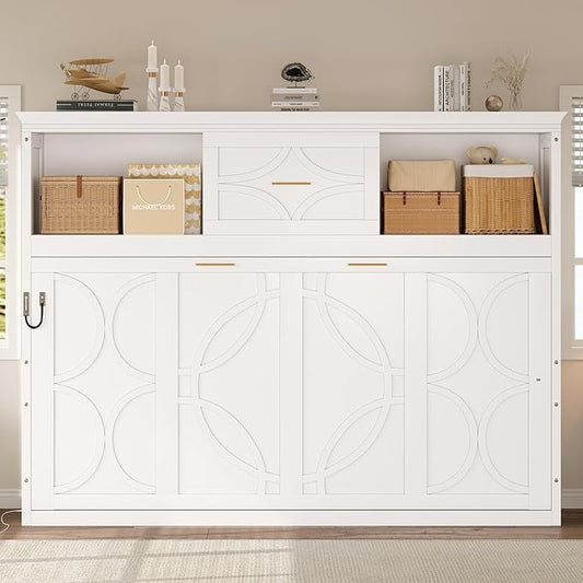 MERITLINE Twin Horizontal Murphy Bed with Storage Bookcase Shelves & Drawer and Charging Station,Solid Wood Farmhouse Murphy Wall Bed with Storage, Slat Support (White)
