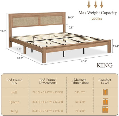 XIAO WEI 3-Piece Boho Bedroom Furniture Set, King Wood Bed Frame with Tall Rattan Headboard, Night Stand Set of 2 with Charging Station, Boho Modern Bedroom Furniture Set