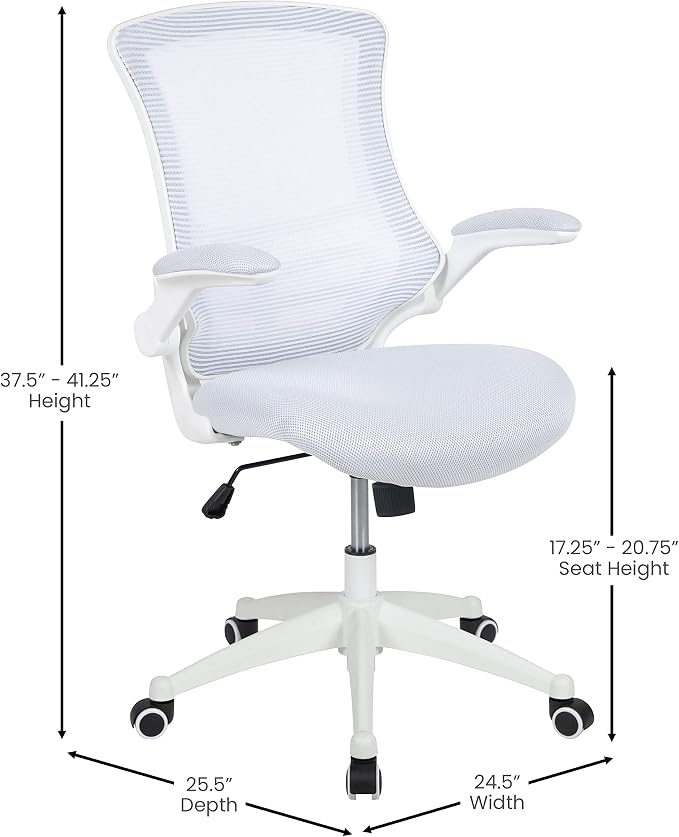 Flash Furniture Kelista Mid-Back Swivel Office Chair with Adjustable Lumbar Support and Seat Height, Ergonomic Mesh Desk Chair with Flip-Up Armrests, White