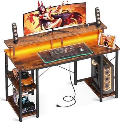 ODK 48 inch Gaming Desk with LED Lights & Power Outlets, Computer Desk with Monitor Stand & Storage Sheves, CPU Stand, Home Office Desk, Vintage