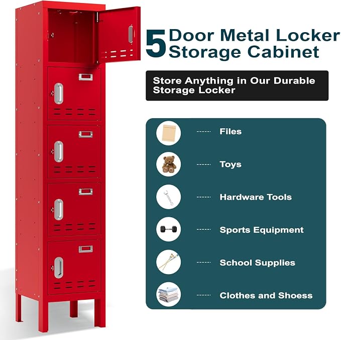 BUTISOW Metal Lockers - 66" Height Steel Lockers for Employees with 5 Door Storage Locker with Card Slot for Employees Gym School Home Office Garage - Assembly Required