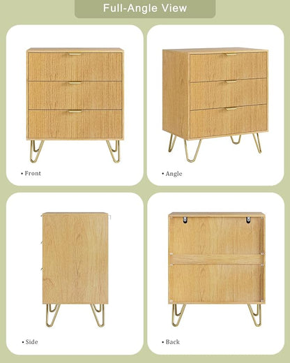 Oak Dresser for Bedroom, Modern Fluted 3 Drawer Dresser with Storage, Dresser Chest of Drawers with Gold Handles for Bedroom, Living Room, Closet, Hallway, 15.8" D x 23.6" W x 27.6" H