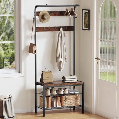 Hall Tree with Bench and Shoe Storage, 4-in-1 Entryway Organizer with 10 Hooks and Storage Shelf,Coat Rack Freestanding with 2-Tier Storage Shelf for Living Room, Bedroom Rustic