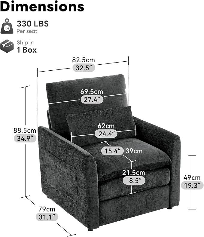 Iroomy Modern Accent Armchair – Cloud-Like Single Sofa with Pocket Spring Seat, Soft Chenille Fabric, Removable Cover, Cozy Lumbar Support for Living Room, Bedroom, Apartment, Dark Gray