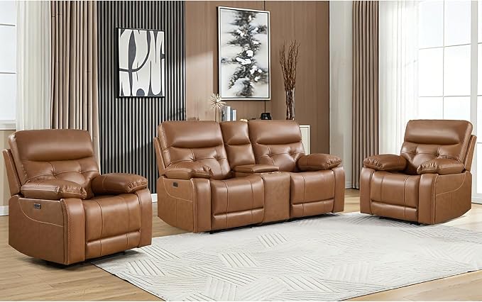 CANMOV Genuine Leather Power Recliner Sofa Set, Two Power Recliner Chair and Loveseat Set, 3 Pieces Leather Couch with Storage Console, USB Ports, Cup Holders for Living Room,Brown