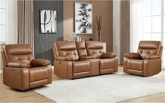 CANMOV Genuine Leather Power Recliner Sofa Set, Two Power Recliner Chair and Loveseat Set, 3 Pieces Leather Couch with Storage Console, USB Ports, Cup Holders for Living Room,Brown