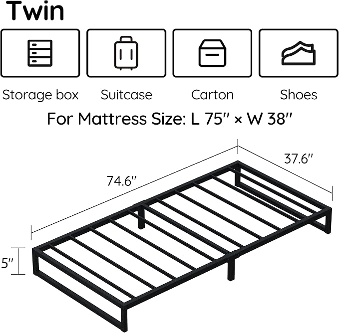 Richwanone 5 Inch Twin Bed Frames, Heavy Duty Metal Platform Bed, Black | Twin Size Bed Frames, Metal Platform Mattress Foundation with Steel Slat Support, No Box Spring Needed, Easy Assembly