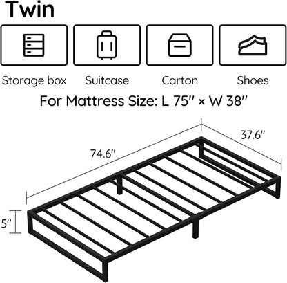 Richwanone 5 Inch Twin Bed Frames, Heavy Duty Metal Platform Bed, Black | Twin Size Bed Frames, Metal Platform Mattress Foundation with Steel Slat Support, No Box Spring Needed, Easy Assembly