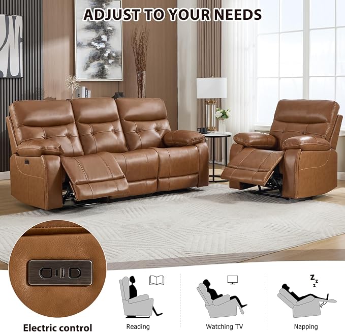 CANMOV Genuine Leather Power Recliner Sofa Set,Two Power Recliner Chair and Sofa Set, 3 Pieces Leather Couch with Hidden Cup Holders, USB Ports, for Living Room, Brown